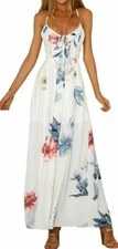 Womans Flowy Low-Cut Fit-Flare High Split Maxi Strappy Floral Beach Dress White