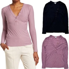 James Perse Women's Top Cotton Modal Slub Jersey Long Sleeve Henley Shirt