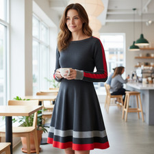 Vince Camuto Fit & Flare Knit Dress Sz M Gray & Pink Stripe Accents 227A