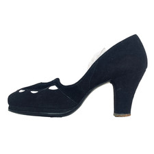 Vintage 1940s black suede shoes 5.5 peep toe slip on 1950s pin-up heels