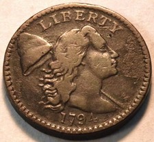 1794 Flowing Hair Liberty Cap Large Cent Middle Grade, Scarce 1C Penny Type Coin