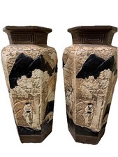 Bretby Pottery Vases Asian Oriental Scenes 6 Sided Bamboo Ware Tooth & Co