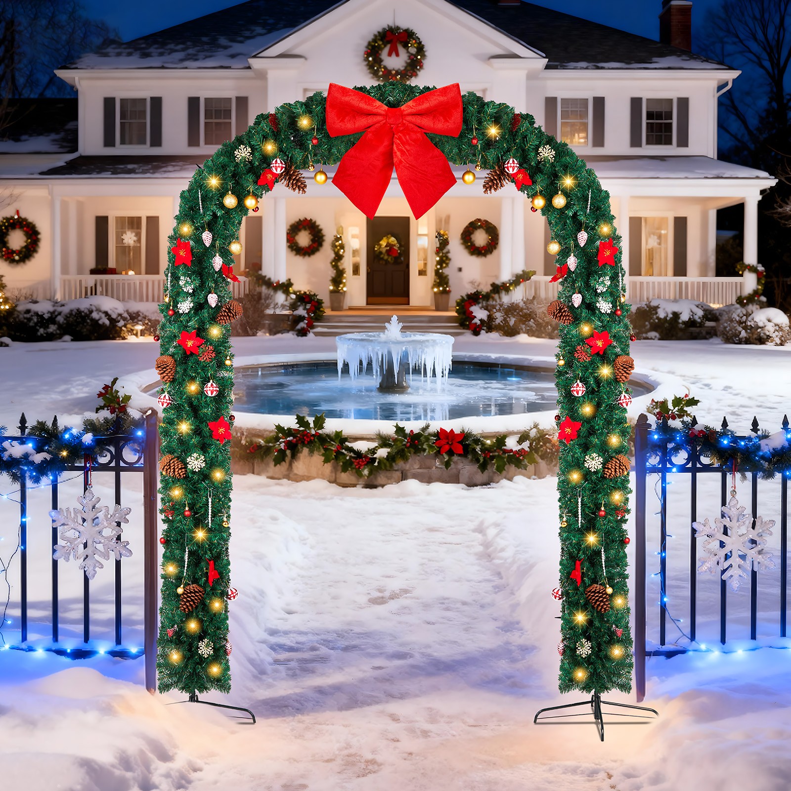 Outdoor 7.9-8.7 FT PVC Christmas Arch with Lights, Ornaments Holiday Arch Decor