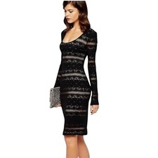 BCBGMAXAZRIA Black Lace Bodycon Dress Sheer Long Sleeve Cocktail Midi | Small