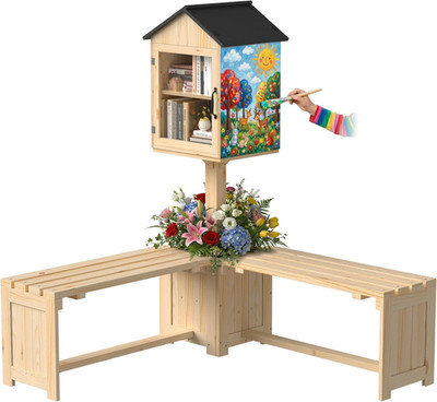 Little Free Library Kit with Planter & Dual Benches,Outdoor Library Box with Cle