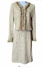 St. John Couture Designer Tweed Skirt Suit Beige Gold Thread Jacket 2 Skirt 4