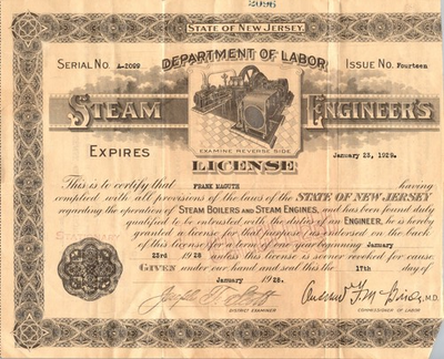 #ad 1928 New Jersey Steam Engineers License Frank Maguth State Exam Document $13.99