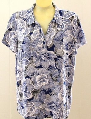 Chicos Weekends Shirt 3 XL Blue Floral Textured Stretch V Neck Short Sleeves