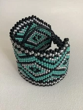Handmade Beadweaving Bracelet Turquoise Black Silver