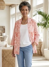Chicos Artisan Coral White Paisley Silk Open Front Jacket Size Medium Boho