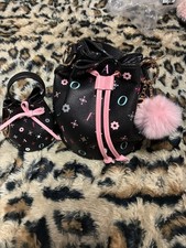 FAO Schwarz Prince St Bucket Bag Mini Purse Black w/ Pink Drawstring  coin purs