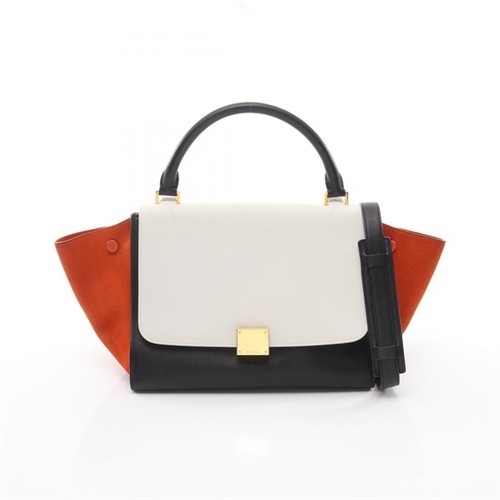 CELINE Trapeze Small Leather Suede Handbag White Black Orange Used Authentic