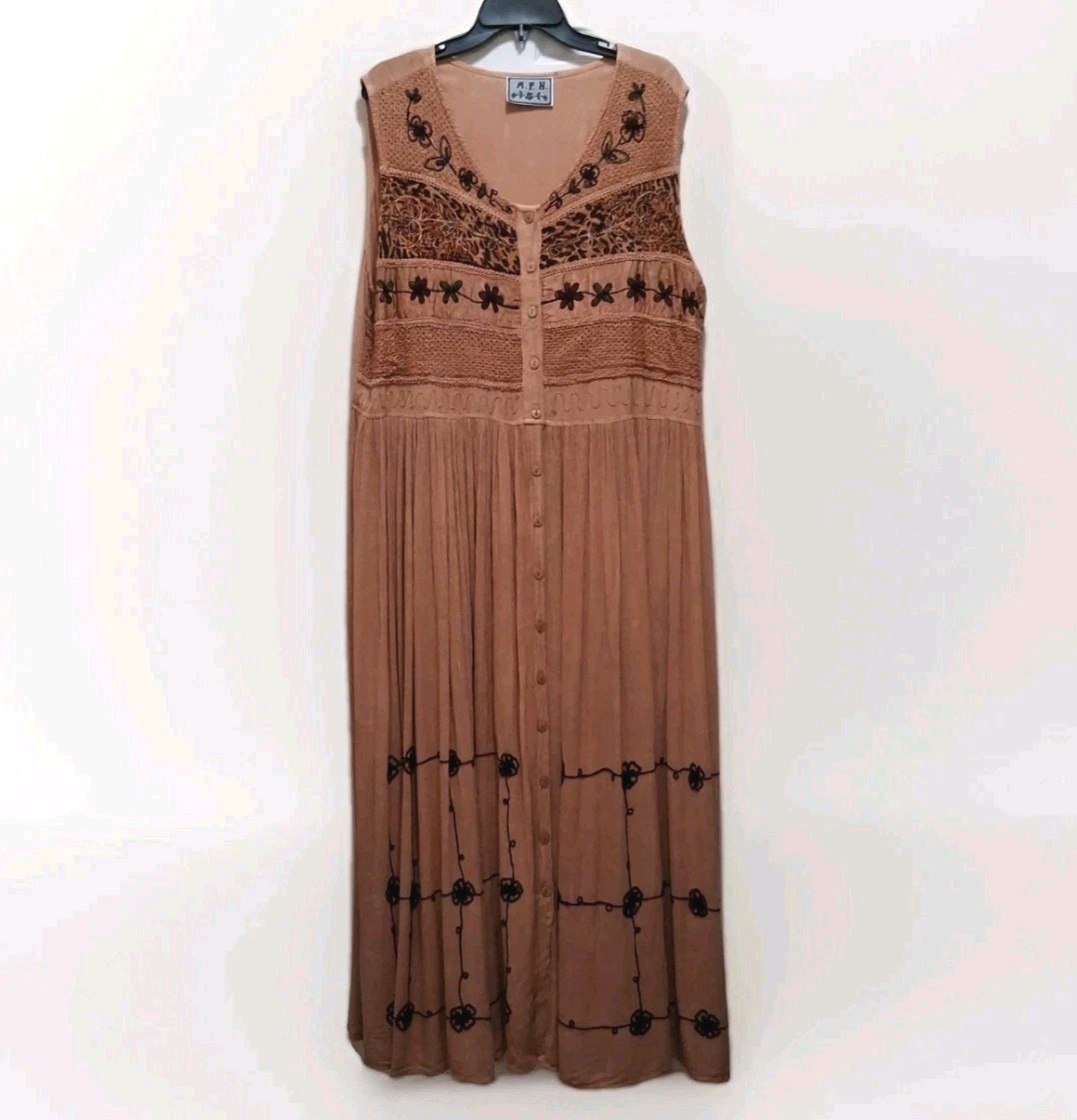 Vintage 80s 90s MPH Boho Maxi Dress Womens XXL Embroidered Terrycotta Brown  READ | eBay