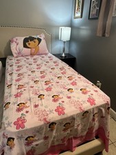 Vintage Dora the Explorer Kids Twin Bedsheet Set, Light Pink with Flowers