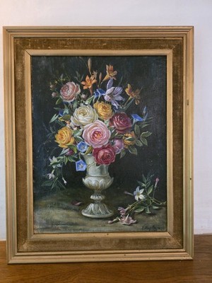 Vintage Öl auf Leinwand Alt Holländischer Stil Blumen Floral Signiert Bild Gerahmt Stimmungsvolle Kunst