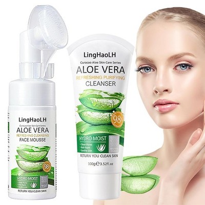 2PCS Aloe Vera Face Wash,Hydrating Gentle Facial Foam Cleanser with Brush,Deep C