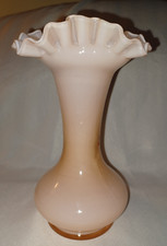 Fenton Art Glass Pink Overlay Vase Vintage Ruffled 7 3/4"
