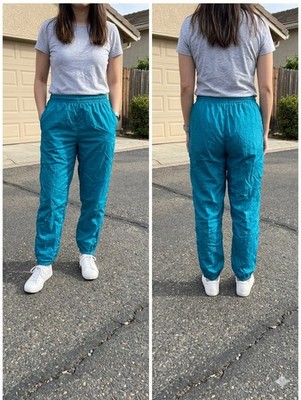 VTG 90s Amanda Smith Sport Teal Nylon Track Pants Lined Ankle Zip Joggers Large