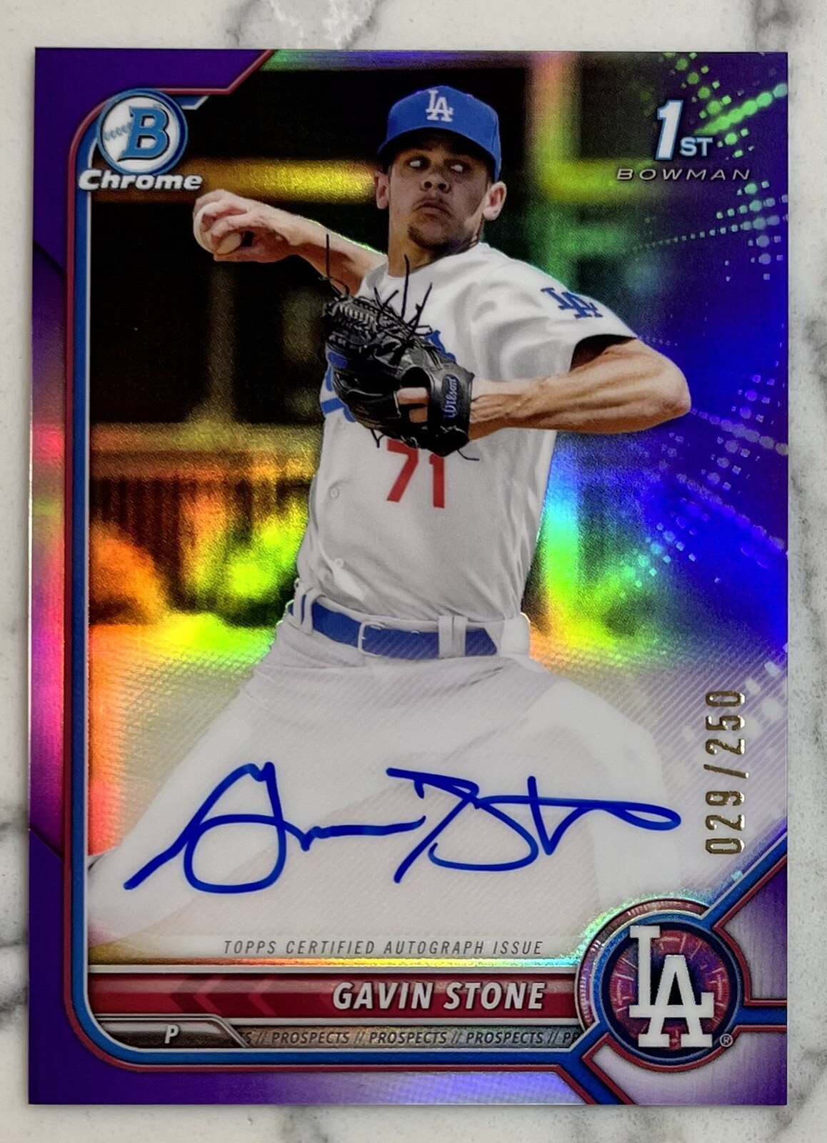GAVIN STONE 2022 Bowman Chrome 1st PURPLE Refractor Auto /250 Dodgers DEBUT 🚨📈