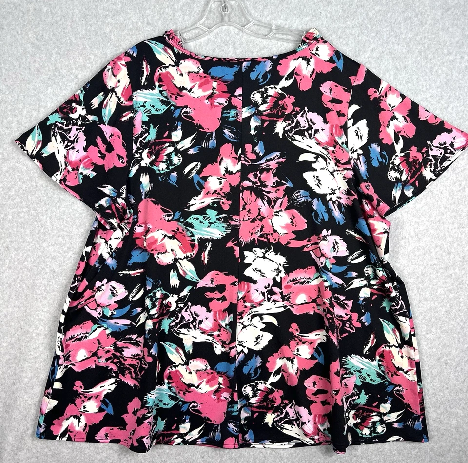 Blusa Lane Bryant para mujer 22/24 negra floral cuello atado manga corta plus top Foto 3 de 4