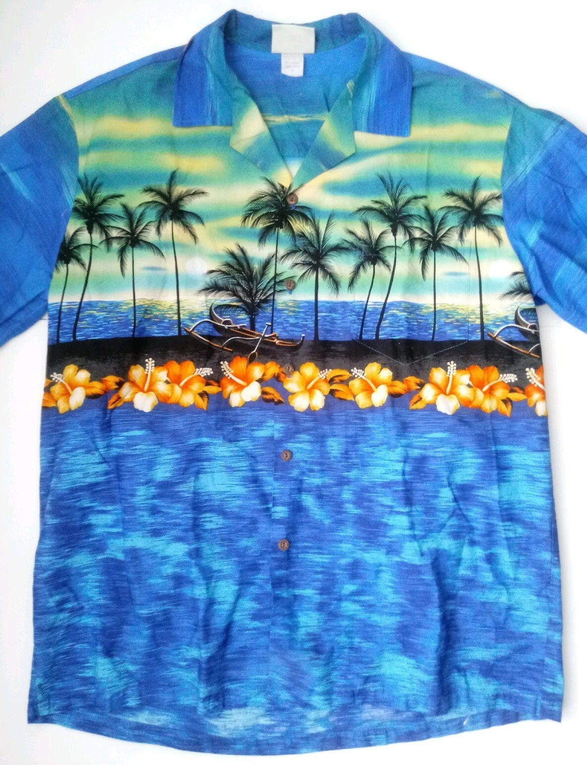 Winnie Fashion Blue Hawaiian Shirt Men's Sz XL Sunset Hibiscus Theme