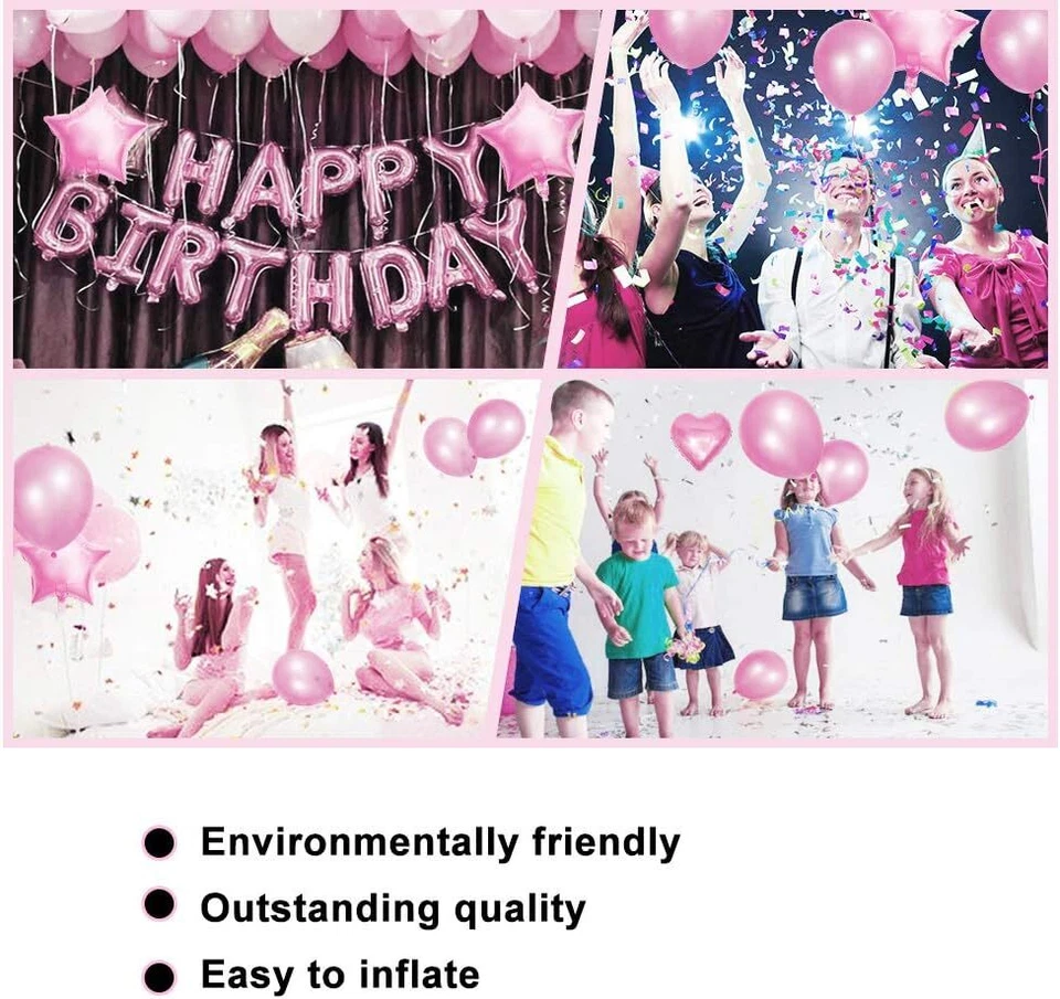 48Pcs Happy Birthday Balloons Banner Set Pink Foil Decorations Party Supplies - Image 3 of 4