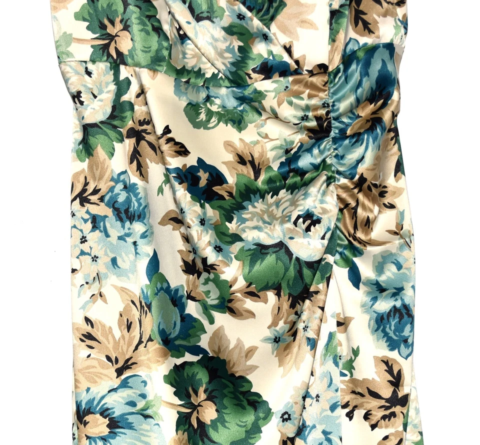 Donna Ricco Blue Green Tan Floral V-Neck Ruche Empire Waist Womens Dress Size 6P - Image 3 of 4