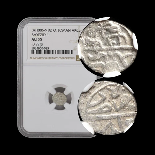 OTTOMAN. 1481, Akce, Silver - NGC AU55 - Bayezid II, Novar, Serbia 025