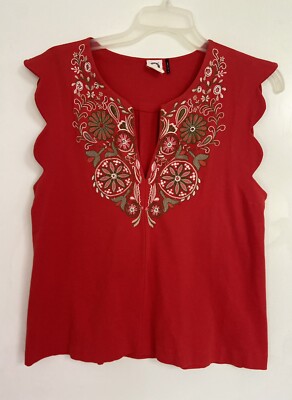 Akemi + Kin Anthropologie Size M Red Floral Embroidered V-neck Top