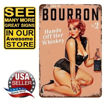 Tin Metal Sign   Redhead Pinup Girl   The Babes of Bourbon  Hands of Her Whiskey
