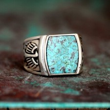 Eagle Turquoise Ring for Men, 925 Sterling Silver Ring, Square Stone Signet Ring