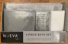 Nueva Spa 5pc Bath Set: waffle textured shower curtain, liner,hooks, rugs, gray