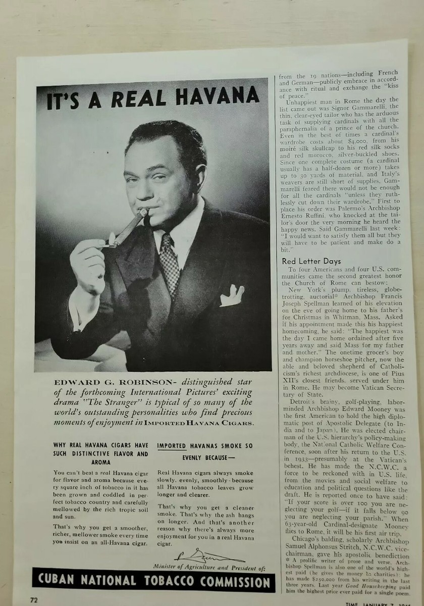 Rare 1946 Cuban National Tobacco Commission Edward G. Robinson cigar ad