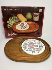 Vintage Dolphin Teak Wood Floral Ceramic Tile Trivet Snack Charcuterie Board