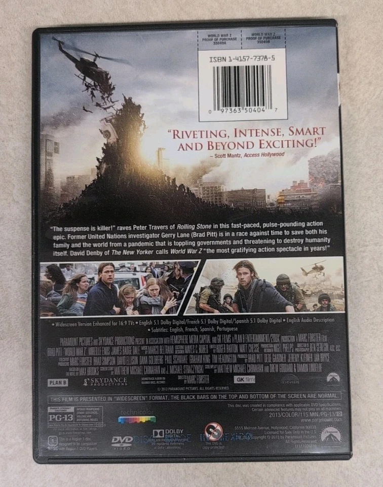 World War Z (DVD, 2013) Brad Pitt Zombies **Buy 2 Get 1 Free** - Image 2 of 2