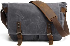 HuaChen Mens Messenger Bag, Vintage Genuine Leather Waxed Canvas Sh... Fast Ship