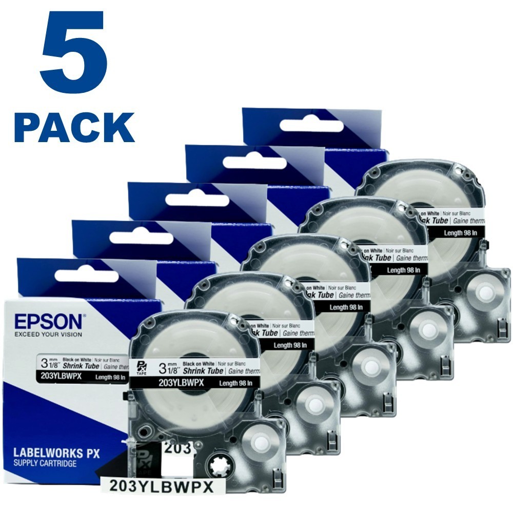 Epson LABELWORKS 203YLBWPX Black on White Shrink Tube 1/8" (3mm) Tape **5-PACK**