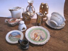 VTG GOLDTONE MADE IN JAPAN LOT OF 10 DOLLHOUSE /MINI PORCELAIN CUPS/PLATES/VASE