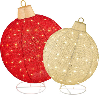 2Pc Lighted Pop-Up Outdoor Christmas Ornament Set, Holiday Ball Decoration W/ 18