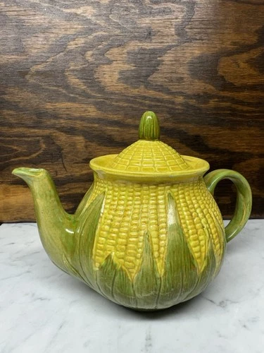 Vintage Corn Cob Teapot Yellow Green Ceramic Corn Tea Pot w Lid