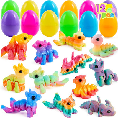 12 Pcs Prefilled Easter Eggs with 3D Printed Fantasy Animals, 3D Articulated Toy
