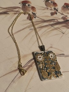 Vtg  Danmark Pendant Tile Porcelain Tile Folk Art Jewelry/leaves .925  Chain