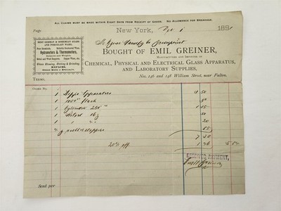 1891 antique EMIL GREINER ny INVOICE laboratory GLASS APPARATUS chemistry supply