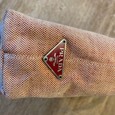 PRADA Red Woven Canvas Handbag with Enamel Triangle Logo Authentic Luxury