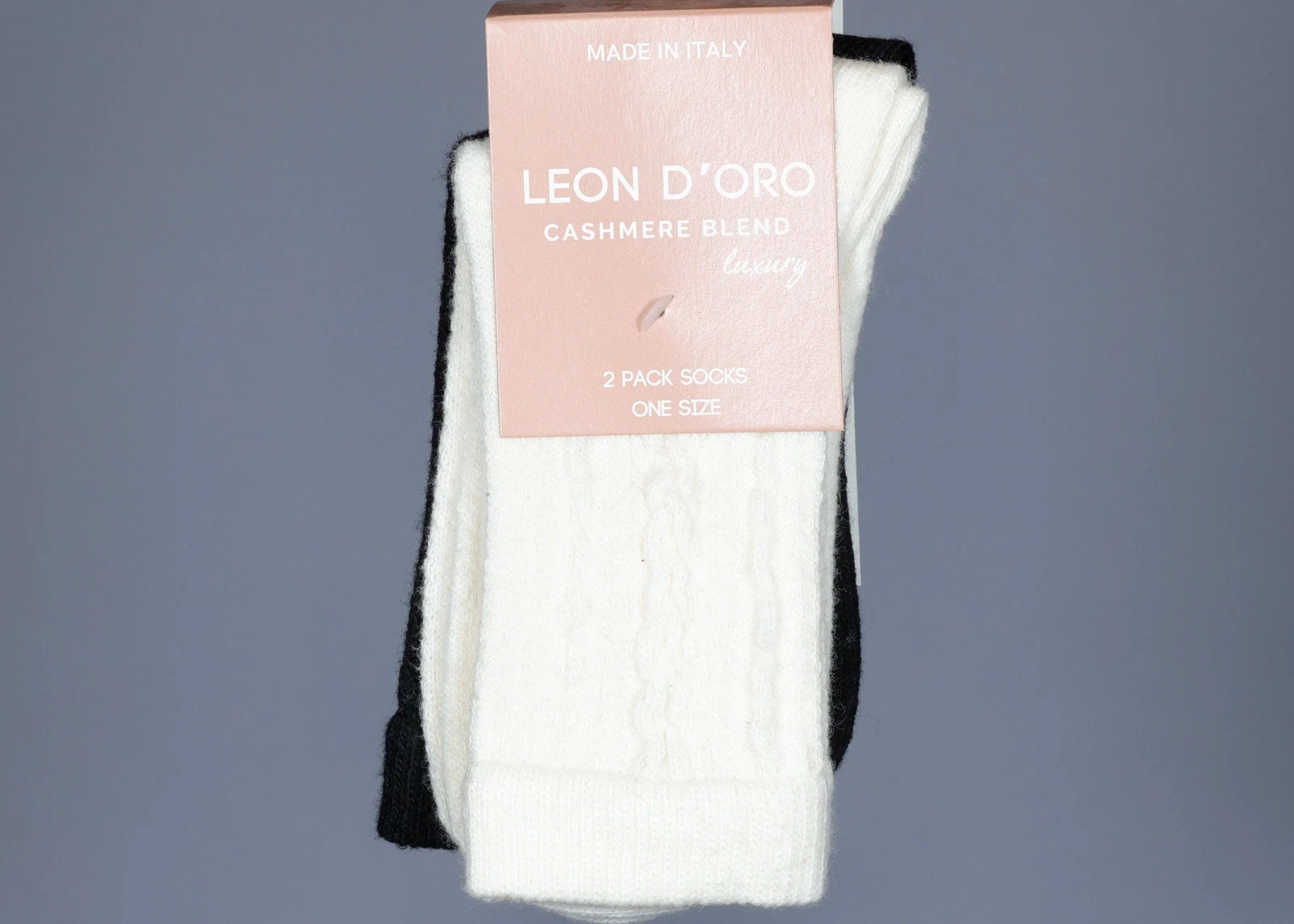 2 Pack LEON D'ORO CREAM & BLACK Cashmere Blend Luxury Socks One Size
