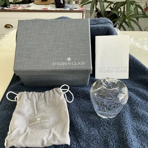 Steuben Glass Crystal Apple Paperweight Art Glass with Box, Pouch, Care Guide