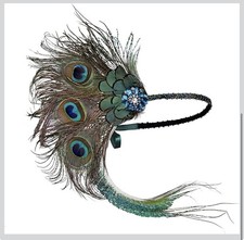 1920s Gatsby Flapper Feather Headband Beaded Blue Green Costume