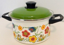 Vtg Enamelware Flower Power Soup Stock Pot w/Lid Green Orange Yellow 70s Retro