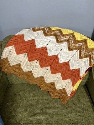 Vtg Crochet Afghan Throw Blanket 57x46 Orange Yellow, Chevron Zigzag Grandmacore