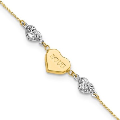 14K Two-tone Puffed LOVE Heart and Diamond-cut Beads 7 inch Bracelet Plus 1 inch